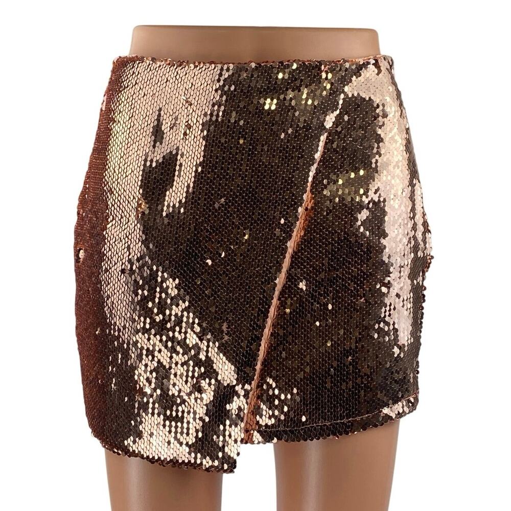 Superdown Sonya Rose Gold Sequin High Waisted Surplice Faux Wrap Mini Skirt XS